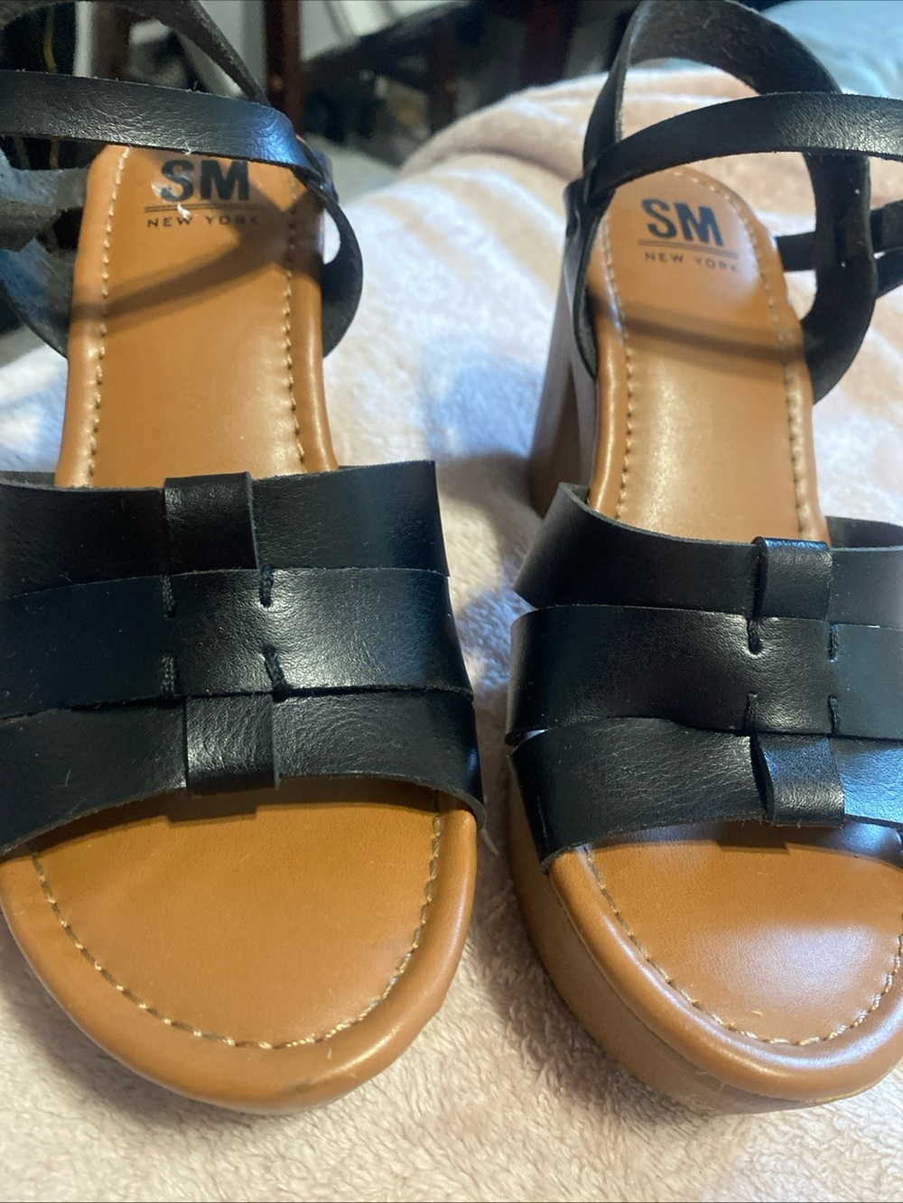 SM New York Black Woven Leather Block Heel Sandal